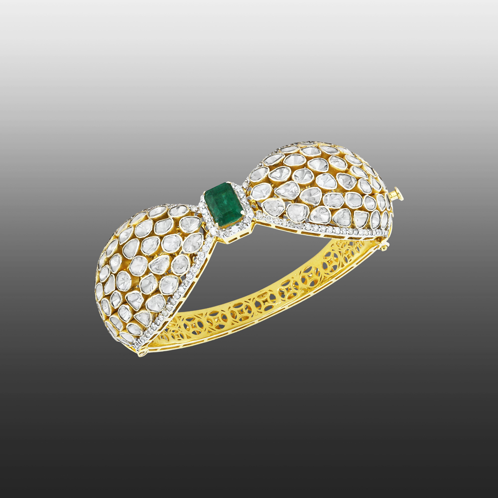 Bangle with Polki Bow Motif and Green Colourstone Centerstone